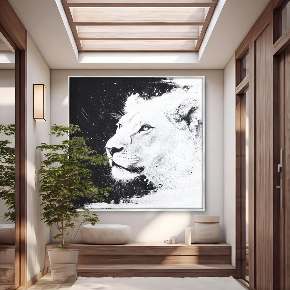 Tablou canvas cu tablou canvas cu leoaica in profil, in rama de aluminiu argintiu